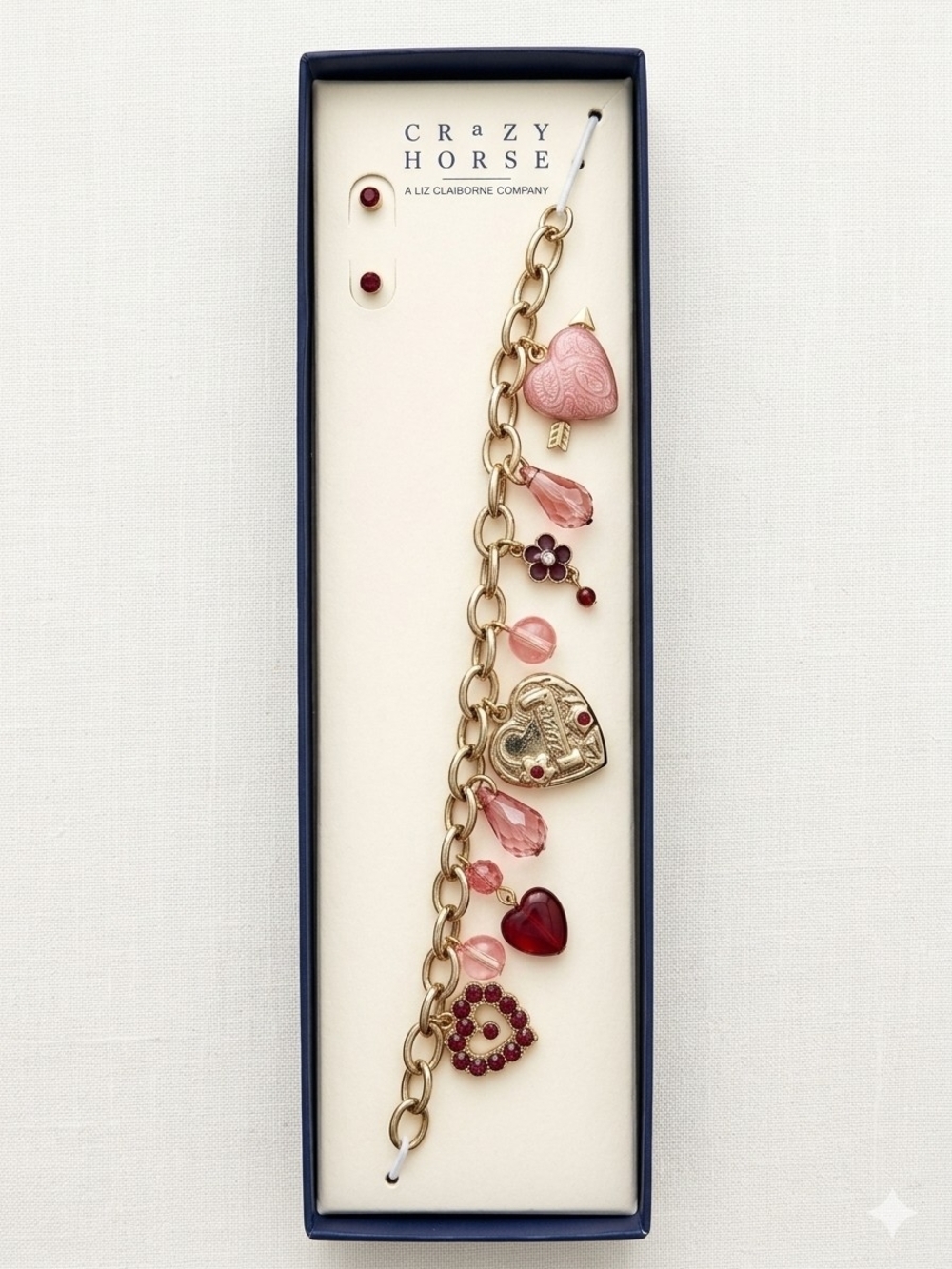 Crazy Horse by Liz Claiborne Pink and Gold Heart Charm Bracelet And Earrings